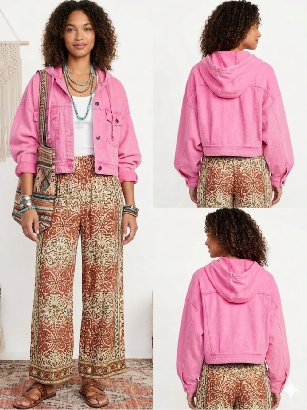 Geegee Women's Pink Cropped Hooded Denim Jacket